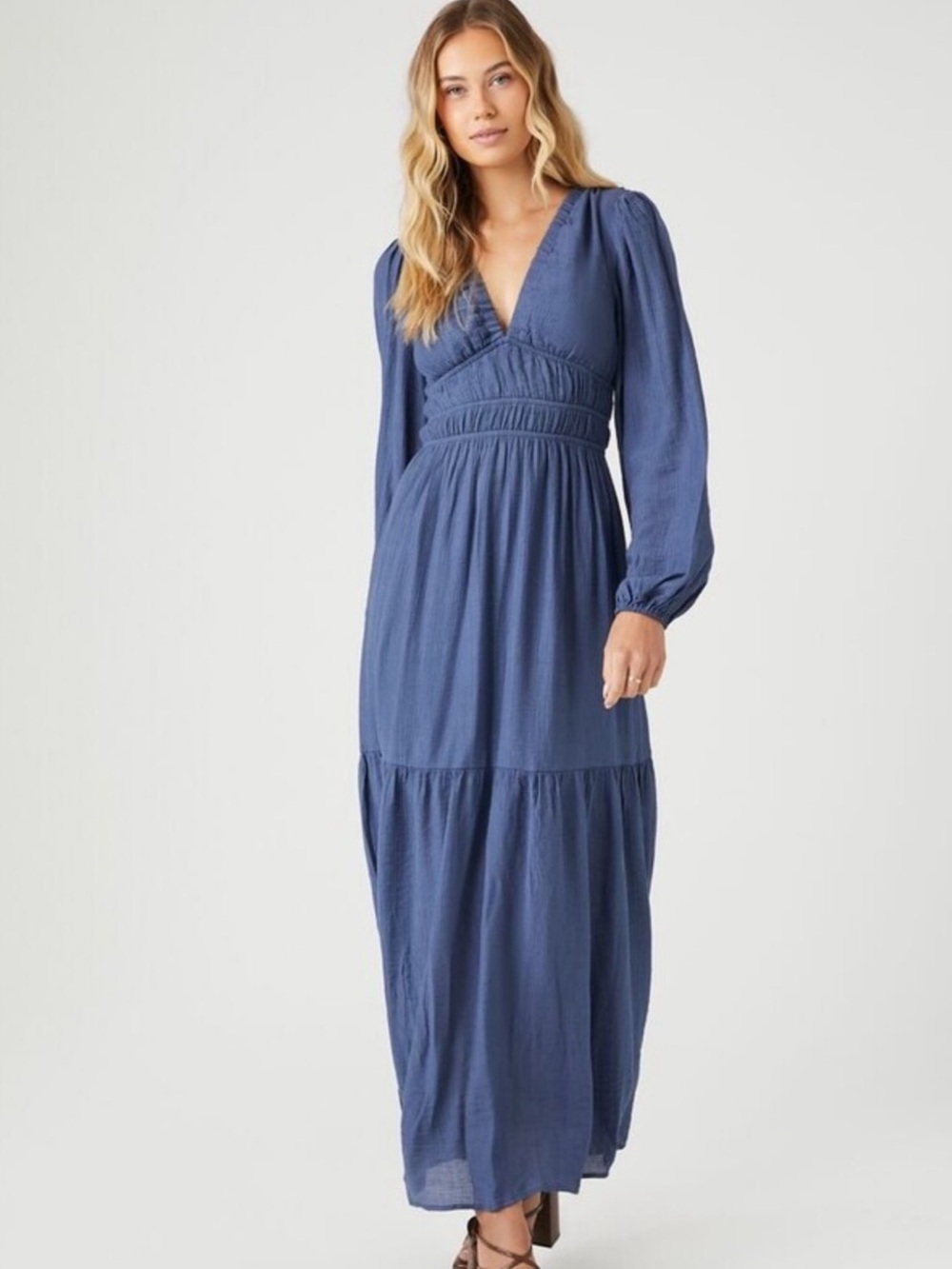 Forever 21 Smocked Waist Long Sleeve Maxi Dress in Blue